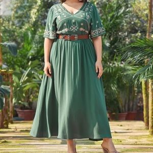 Plus V-Neck Embroidery Maxi A-Line Dress Without Belt